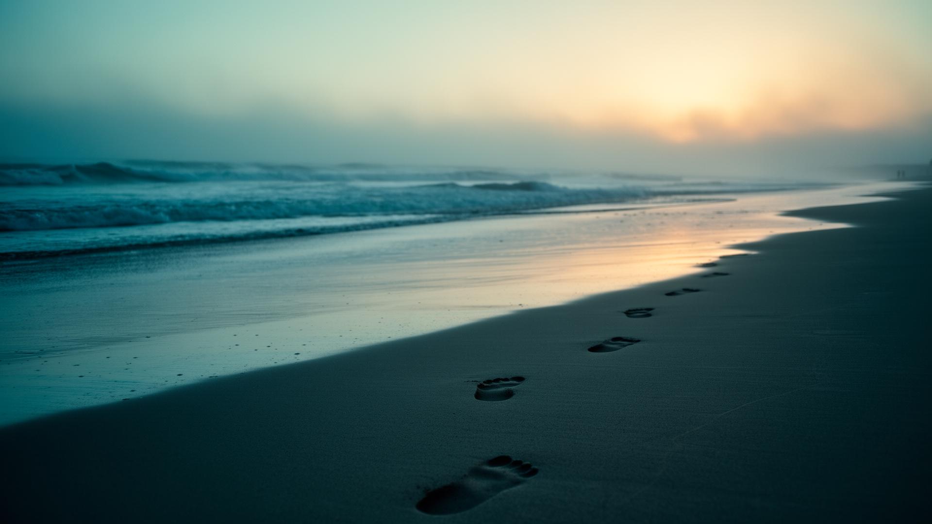 A single set of footprints along a misty shoreline at dawn